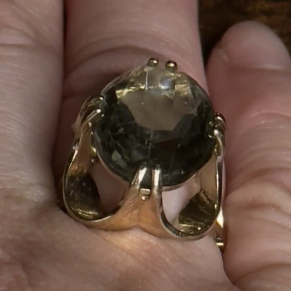 Vintage Large Smoky Quartz Gemstone 14K Yellow Gold Coctail Ring Size 6 - Picture 3 of 11